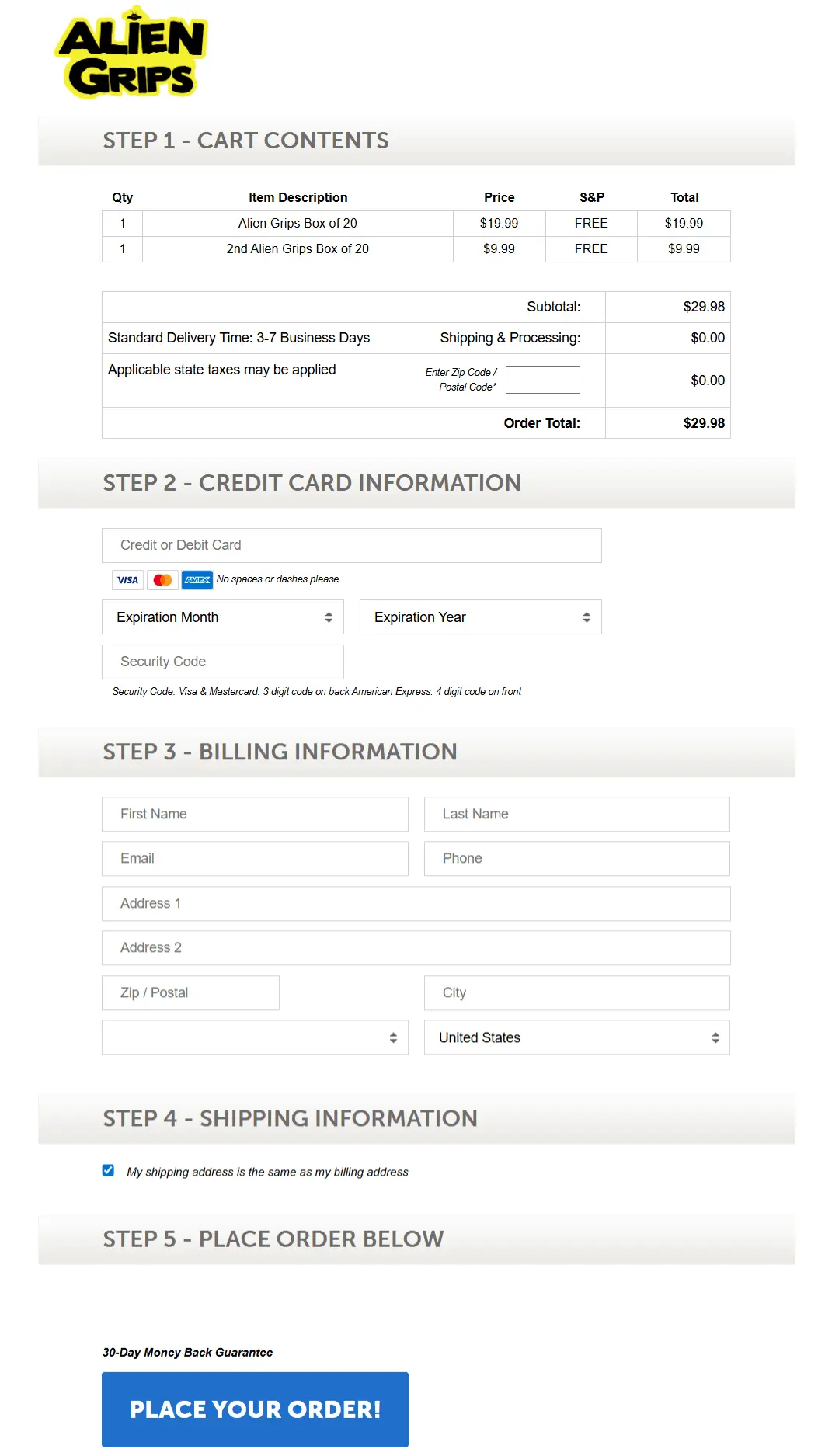Alien Grips secure checkout page